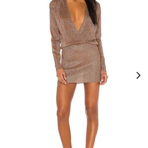 superdown Bronze Metallic Plunge Long-Sleeve Mini Dress